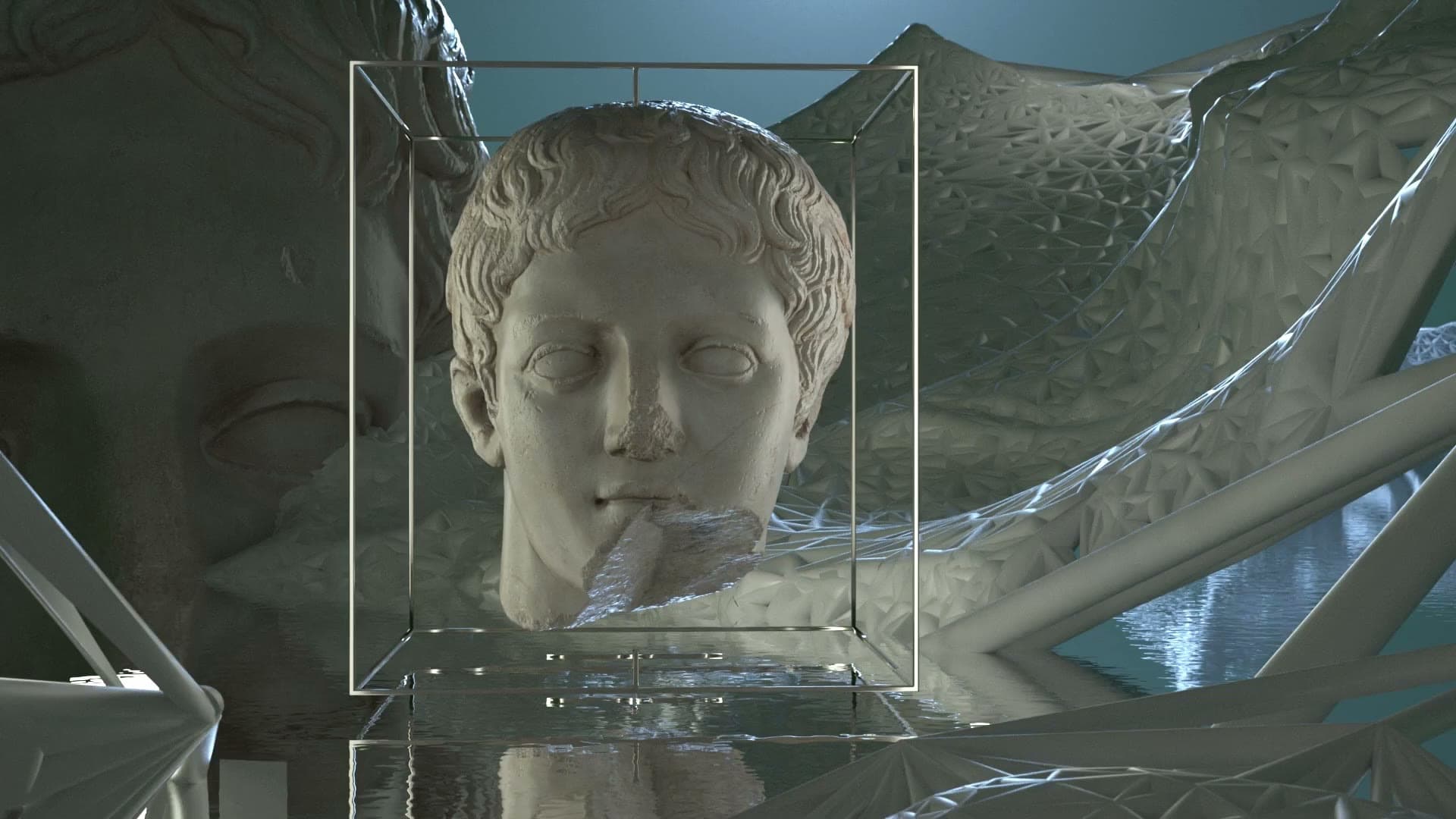 A marble bust inside a wireframe cube, set in a pale blue landscape of eroded stone and lattice structures. Apollo, Dimitri Daniloff