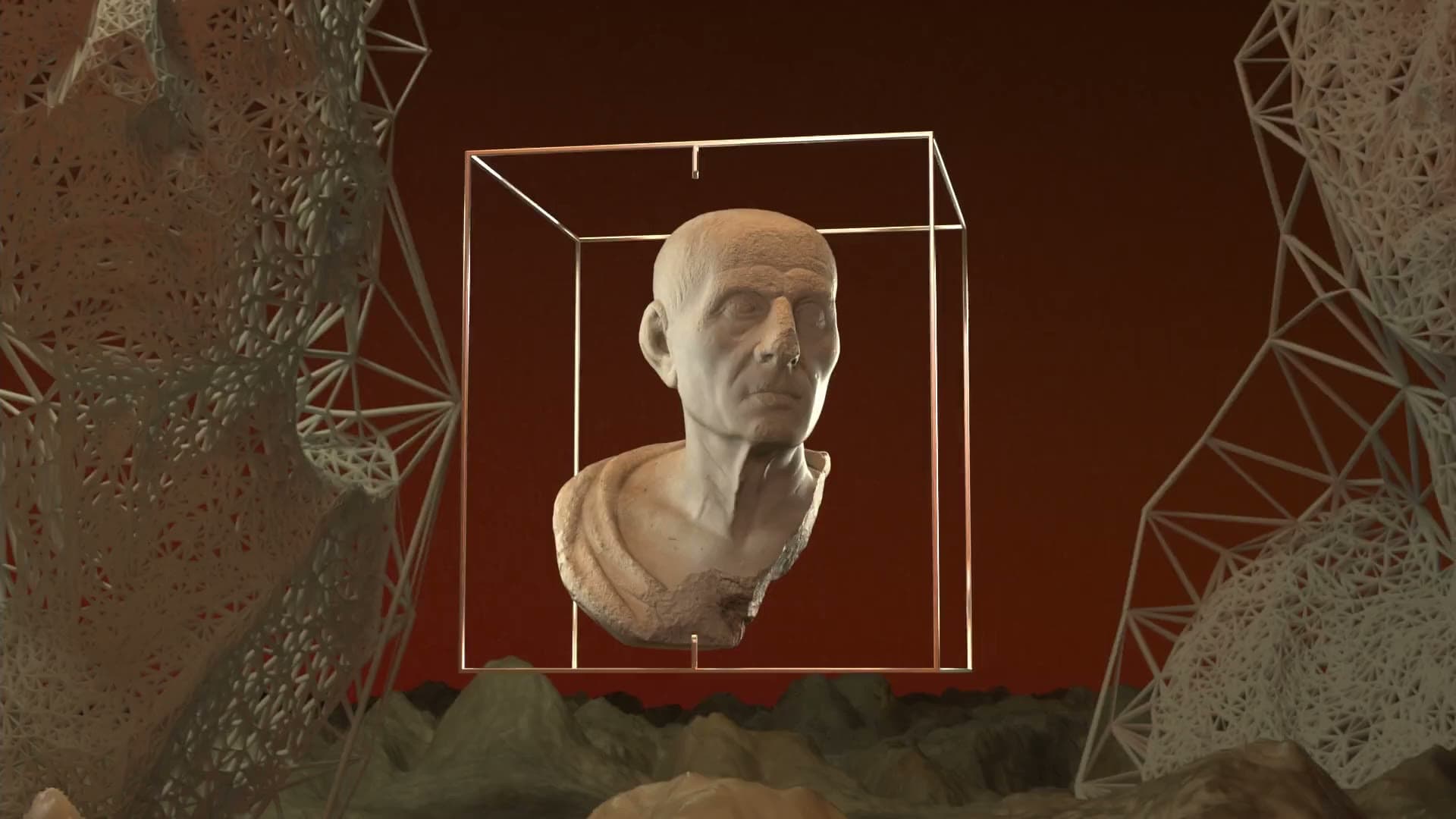 A marble bust inside a wireframe cube against a red sun and rust-coloured terrain. Emperor, Dimitri Daniloff