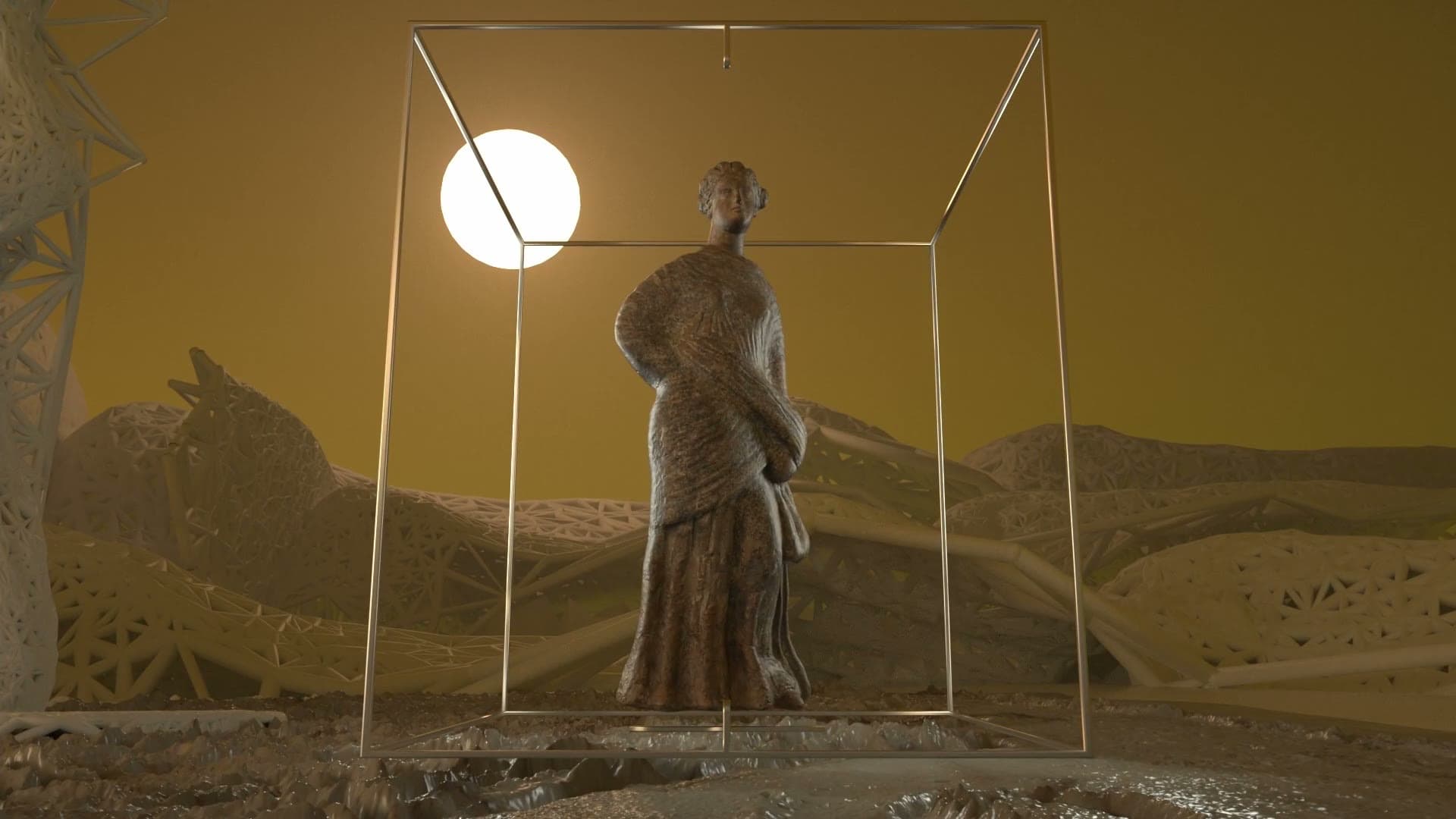 A robed figure standing in a wireframe frame beneath a white moon over a gold horizon. Goddess, Dimitri Daniloff