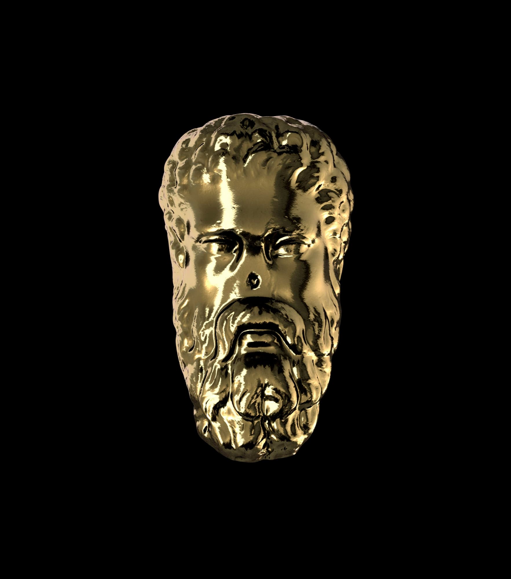 The head in polished gold on black, lit hard from the left, eyes cast down. Dimitri Daniloff