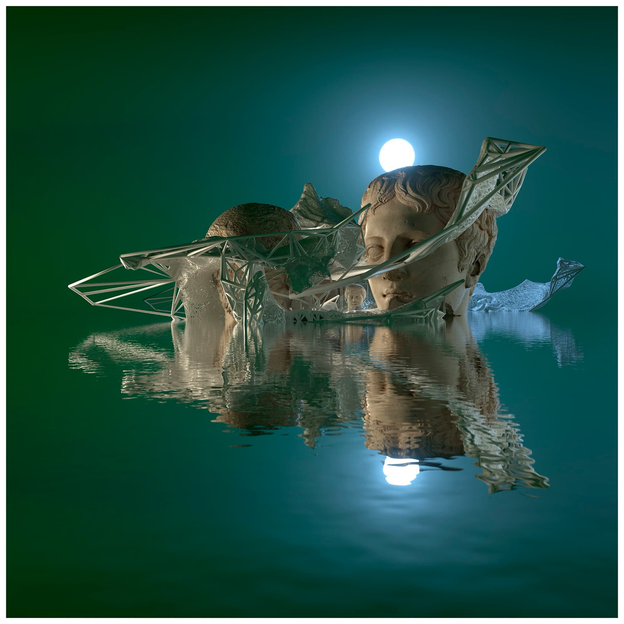 A colossal stone face half-submerged in green water under a white moon, wrapped in white lattice scaffolding. Dimitri Daniloff