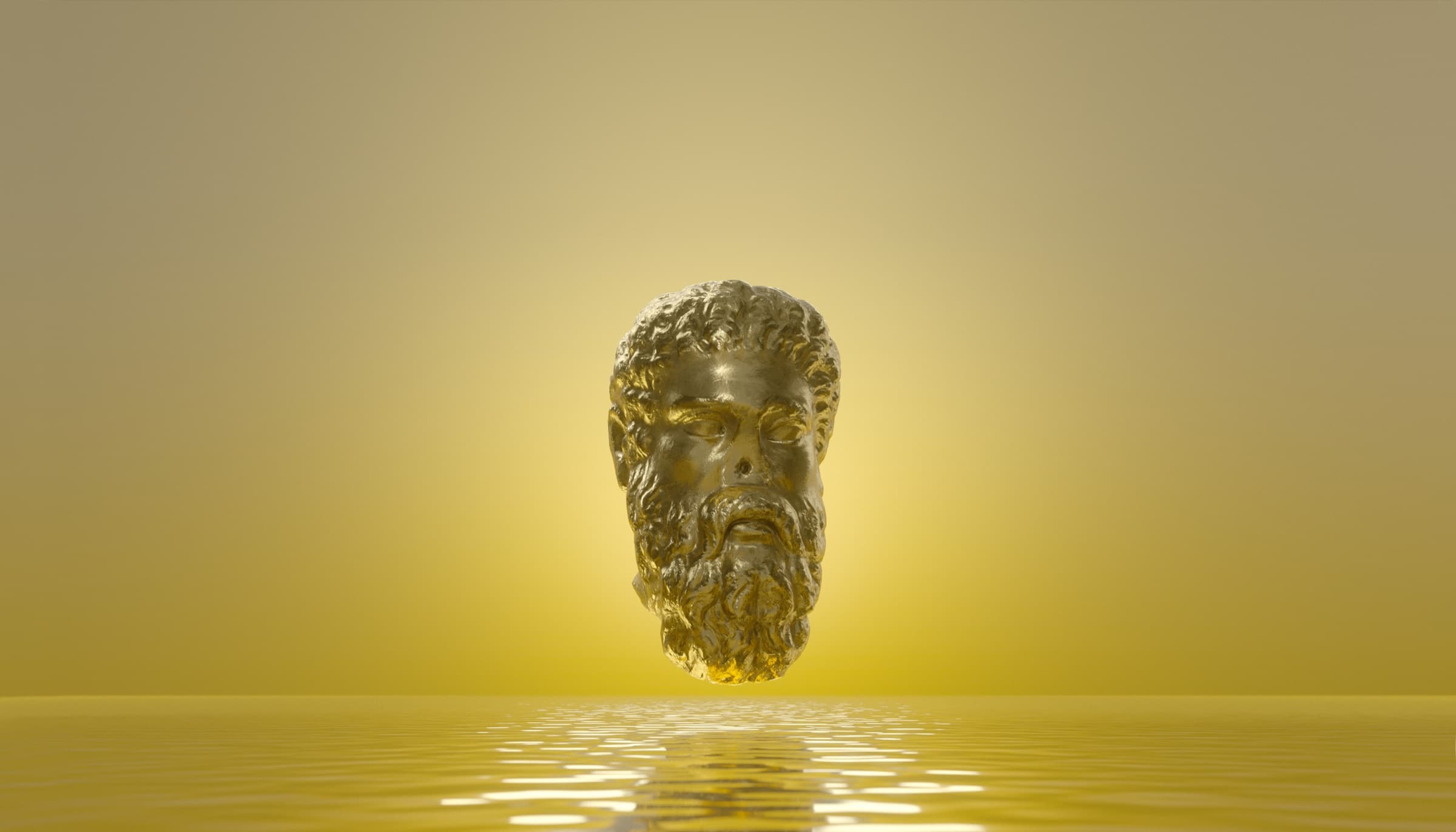 A bearded classical head cast in gold, floating above still water beneath a gold horizon. Dimitri Daniloff