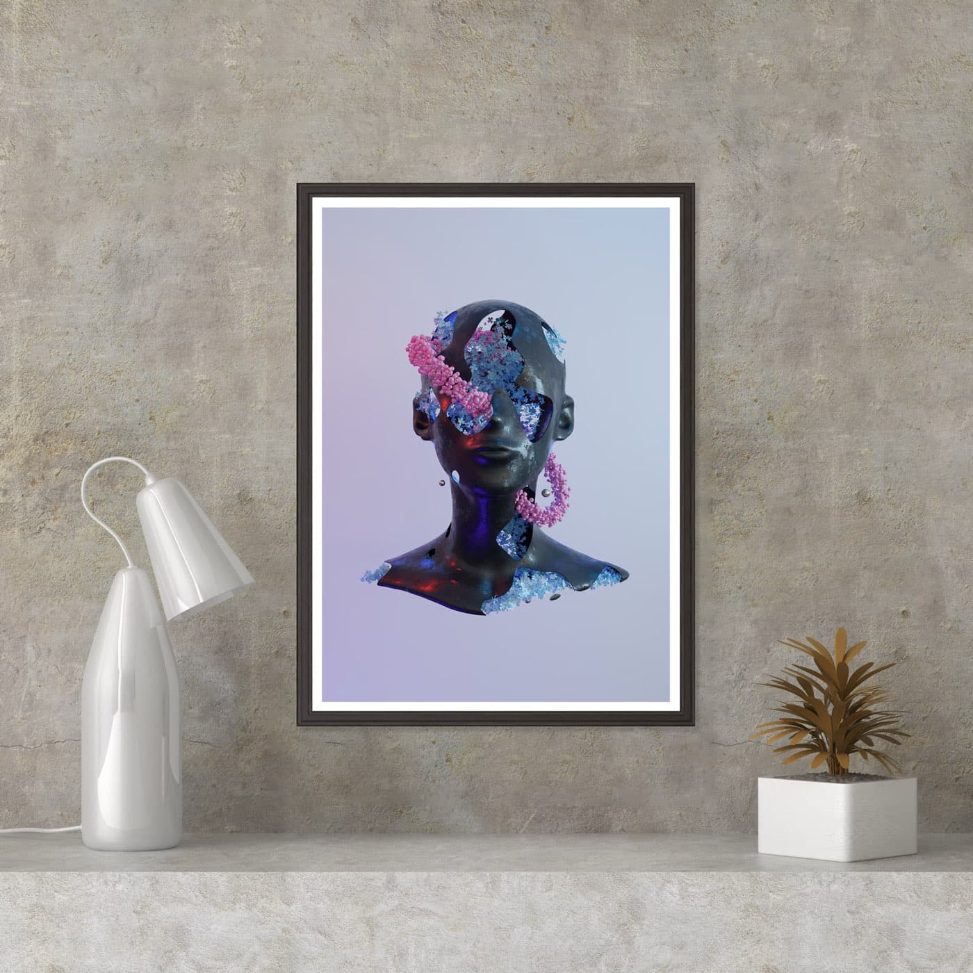 A MetaSill frame on a concrete wall, showing a dark sculptural head breaking into pink and blue blossom