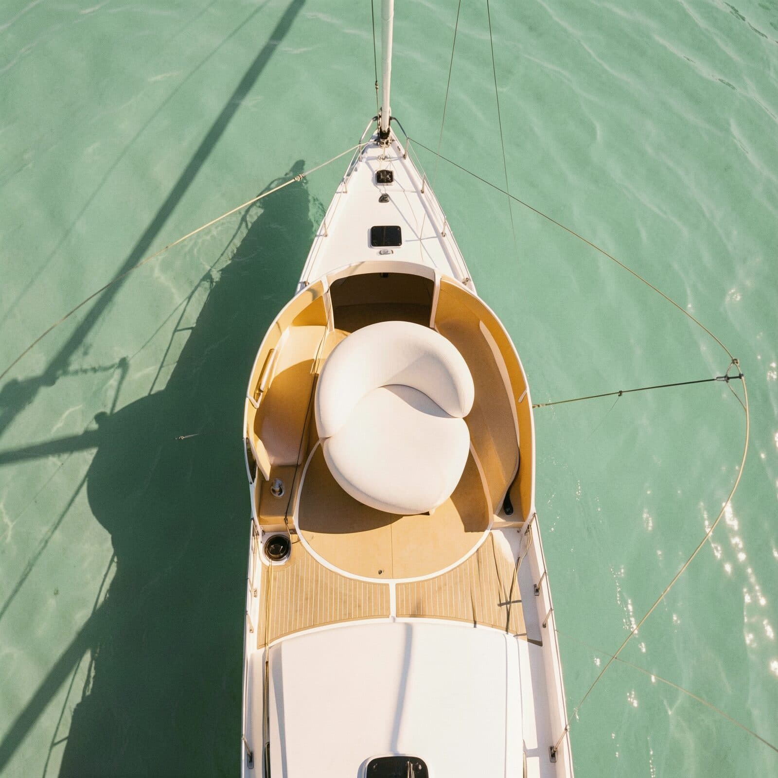 Overhead view of the bow of a white sailing yacht on flat green water. A single round white sofa sits in the foredeck well, on teak, the mast shadow falling across the water to the left.