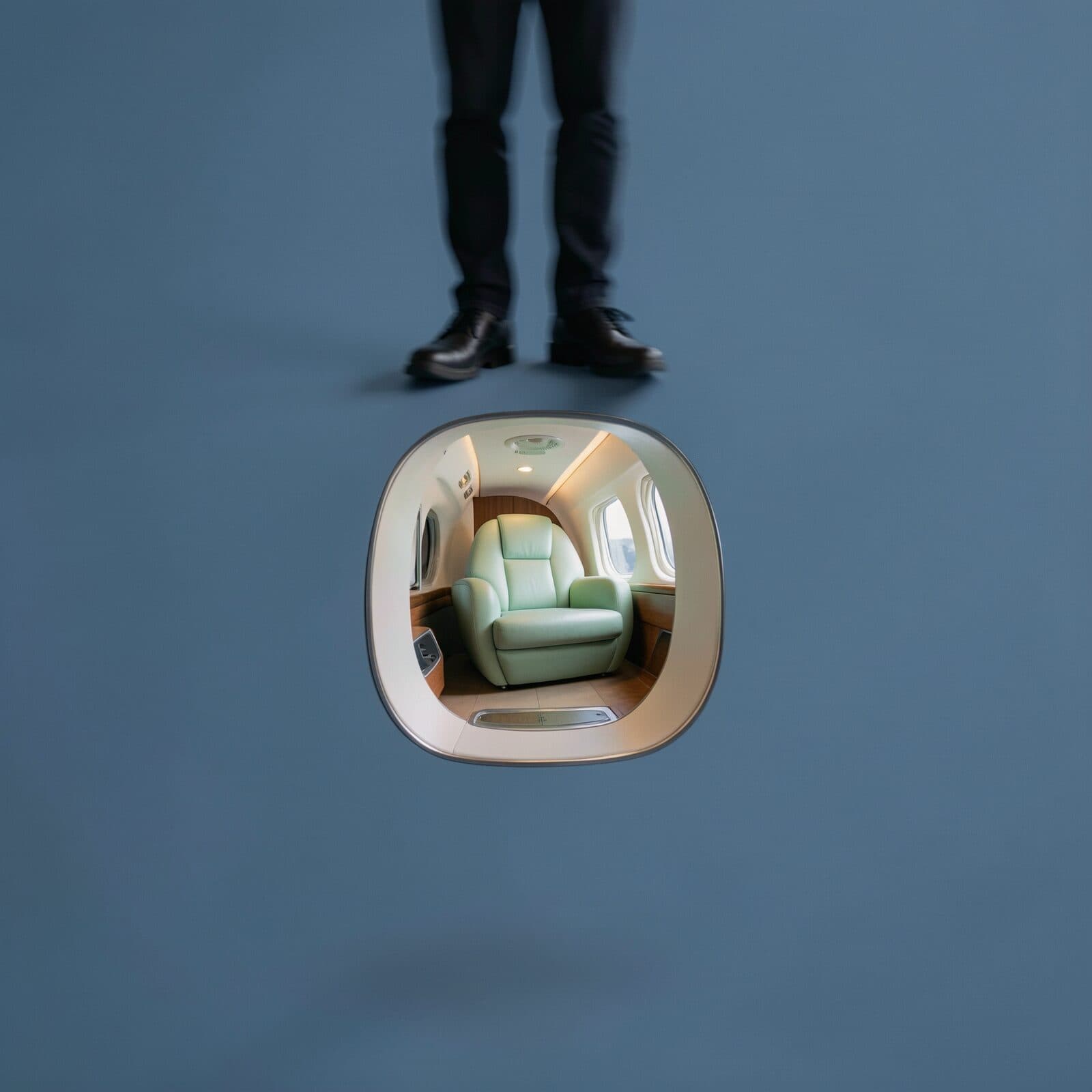 A person in black trousers and black shoes stands on a blue-grey floor, cropped at the knee. Below them, set into the floor, a rounded window opens onto a fully lit jet cabin with a mint-green armchair in it.