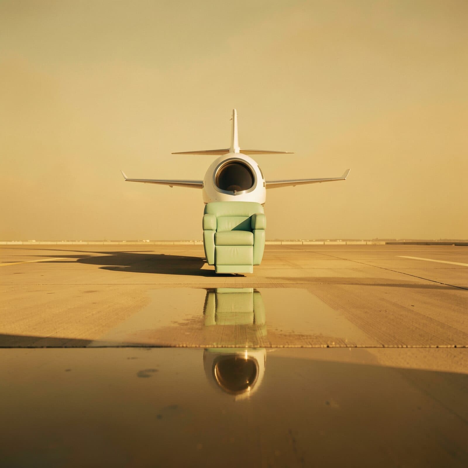 A small white jet stands nose-on at the far end of an empty apron under a yellow sky. The lower half of its fuselage is a mint-green leather recliner, resting on the concrete, reflected in standing water in the foreground.