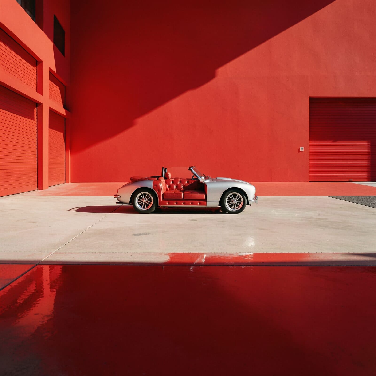A silver open-top roadster stands on pale concrete against a flat red wall in hard low sun. Where the cabin should be there is a red buttoned leather sofa, running the length of the car.