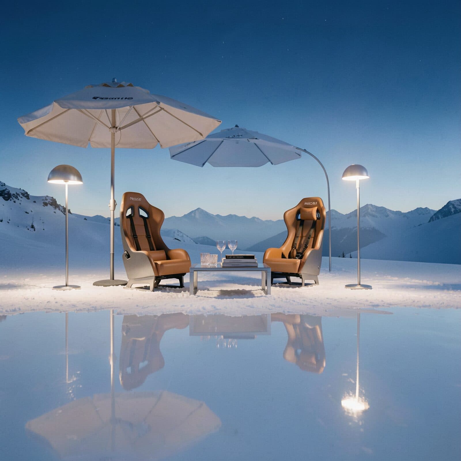 Two tan leather racing bucket seats face each other across a low table on snow, under two white parasols and three tall floor lamps, snow peaks and a deep blue sky behind. The foreground is a mirror-flat surface holding the whole scene upside down.