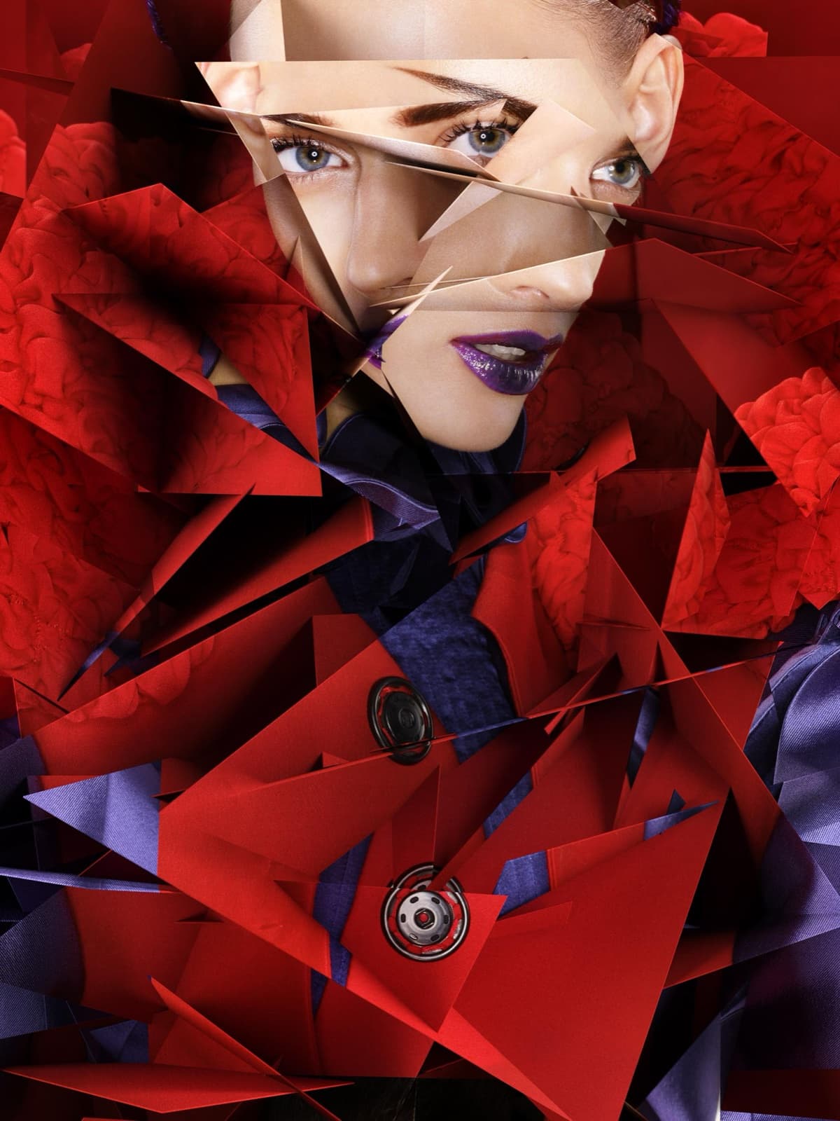 A purple-lipped face glimpsed through blades of red paper and rose fabric. Dimitri Daniloff