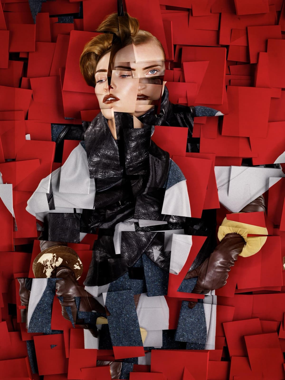 A figure in quilted leather emerging through a wall of red paper squares. Dimitri Daniloff
