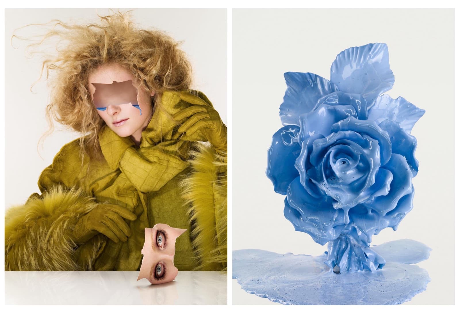 Diptych: a figure in mustard fur weeping blue, beside a blue rose caught mid-melt. Dimitri Daniloff