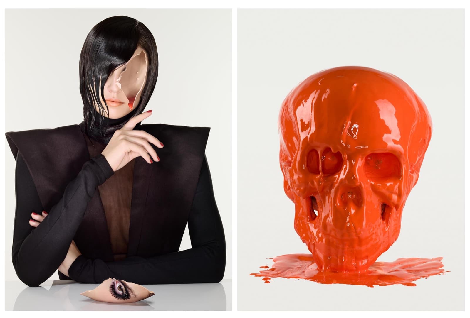 Diptych: a dark figure with a broken porcelain face, beside a skull lacquered in orange. Dimitri Daniloff
