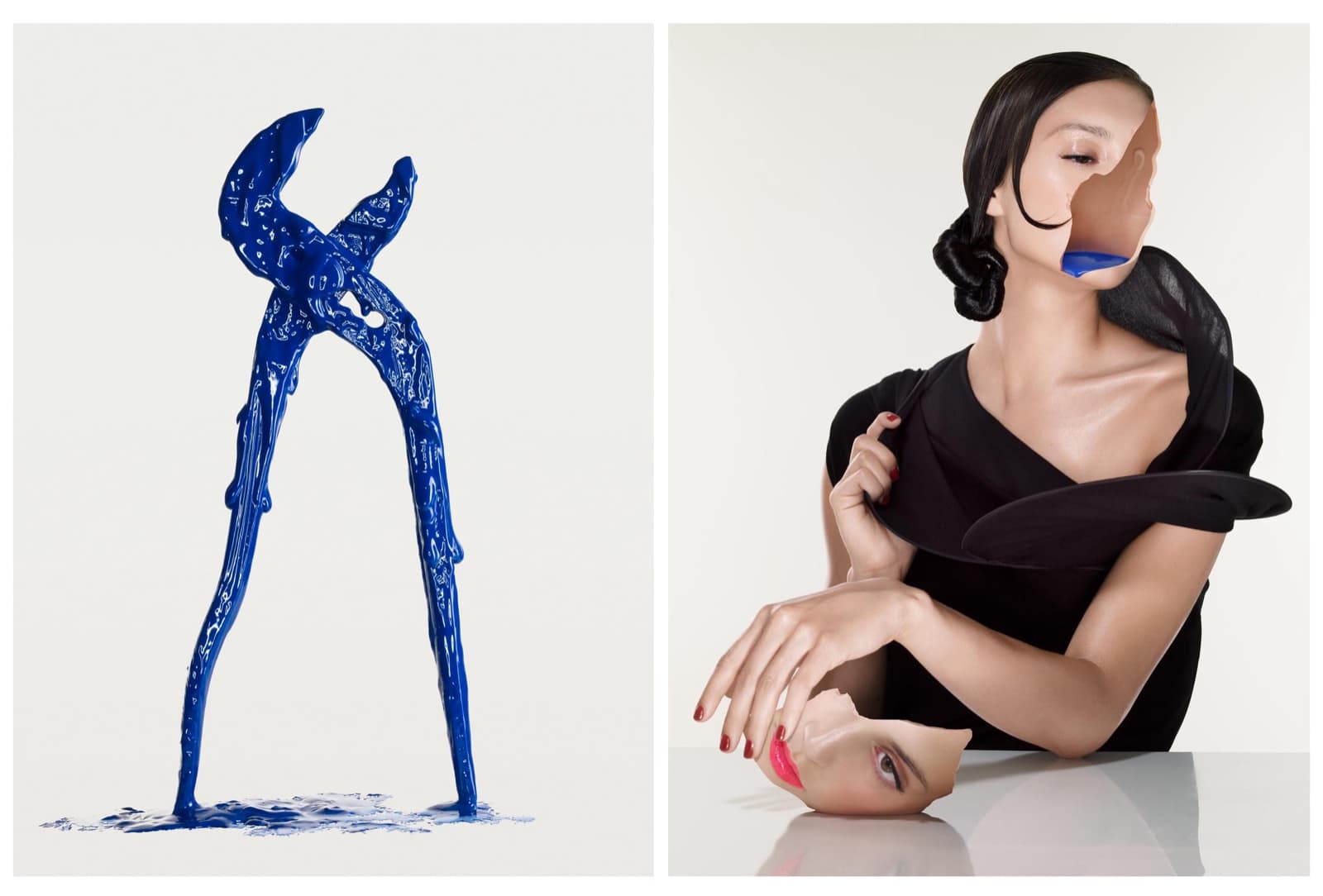 Diptych: pliers cast in liquid blue, beside a seated figure with a face broken open on the table. Dimitri Daniloff