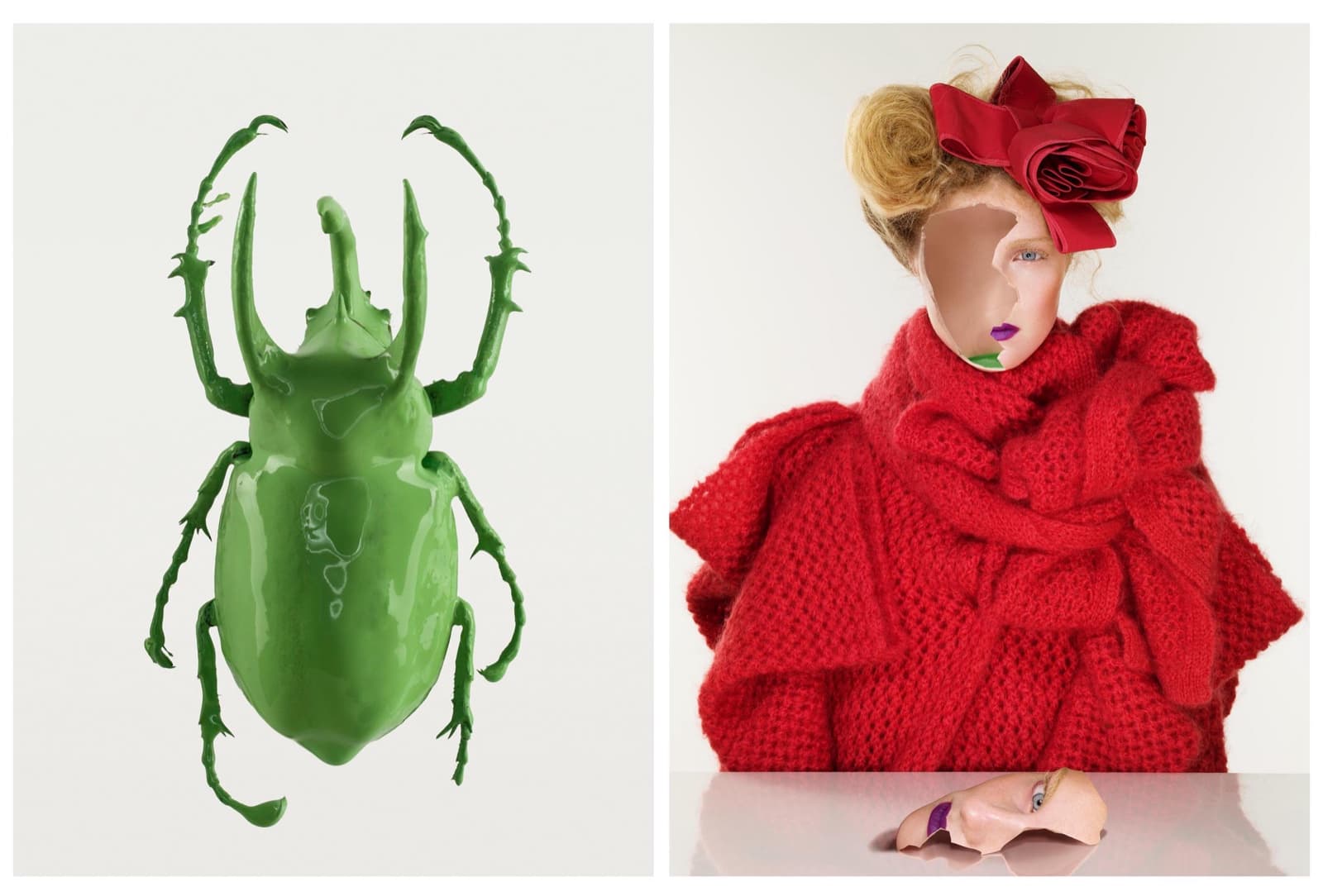 Diptych: a beetle in green lacquer, beside a figure in red knit whose face has come away. Dimitri Daniloff