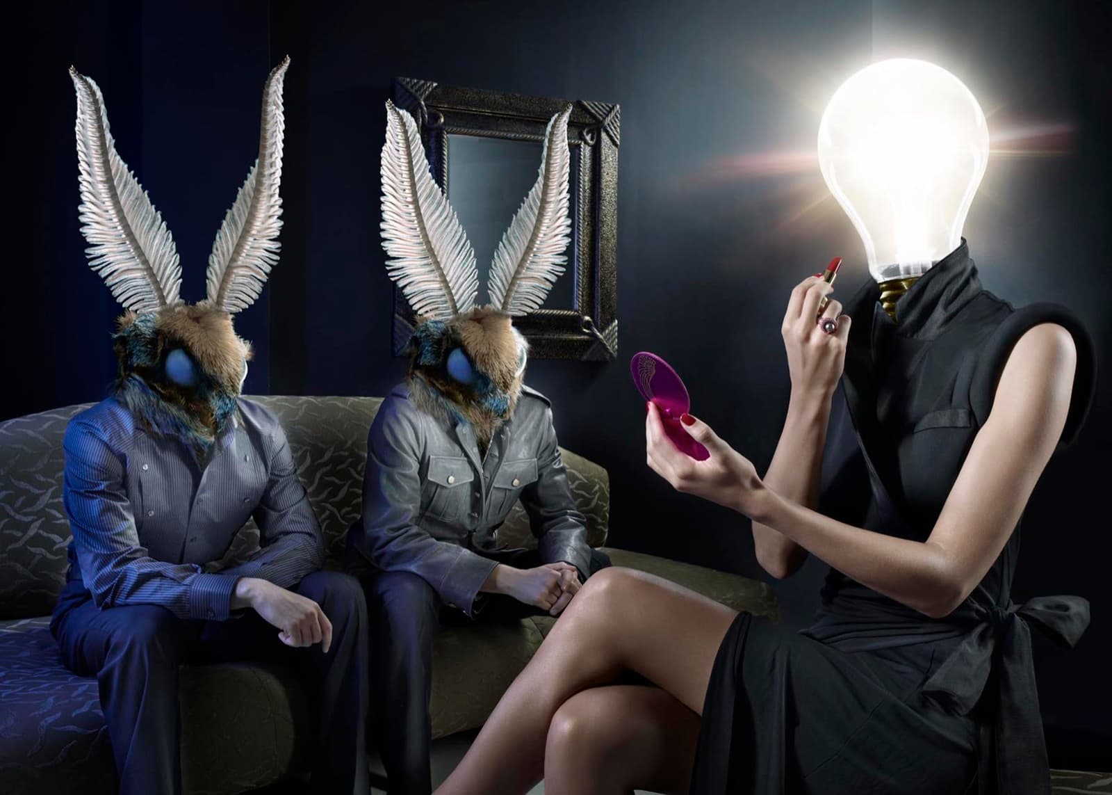 Two moth-headed guests on a sofa watching a lightbulb-headed woman apply lipstick. Dimitri Daniloff