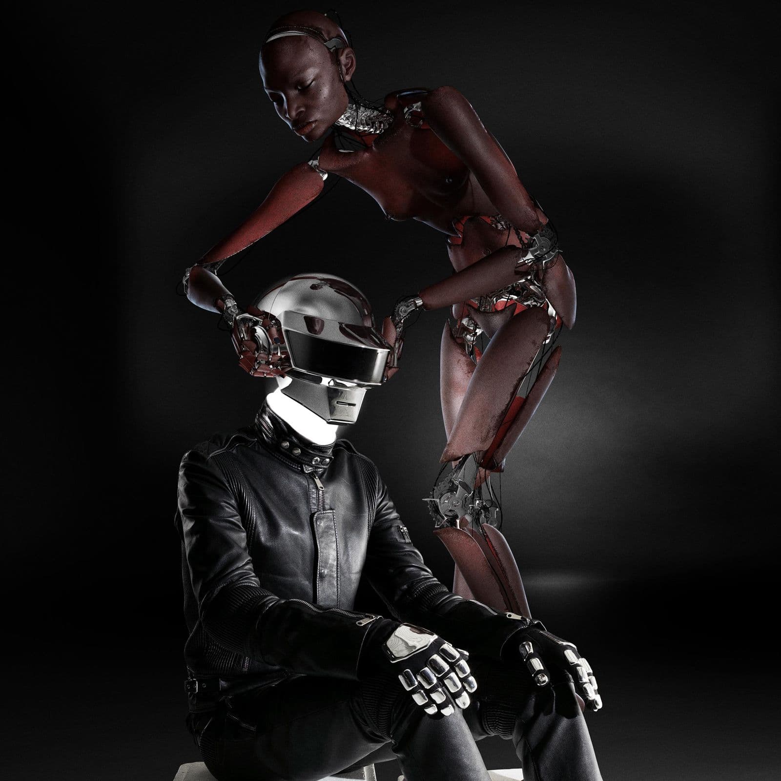 An android adjusting the silver Daft Punk helmet onto a seated figure in black leather. Dimitri Daniloff, Daft Punk series