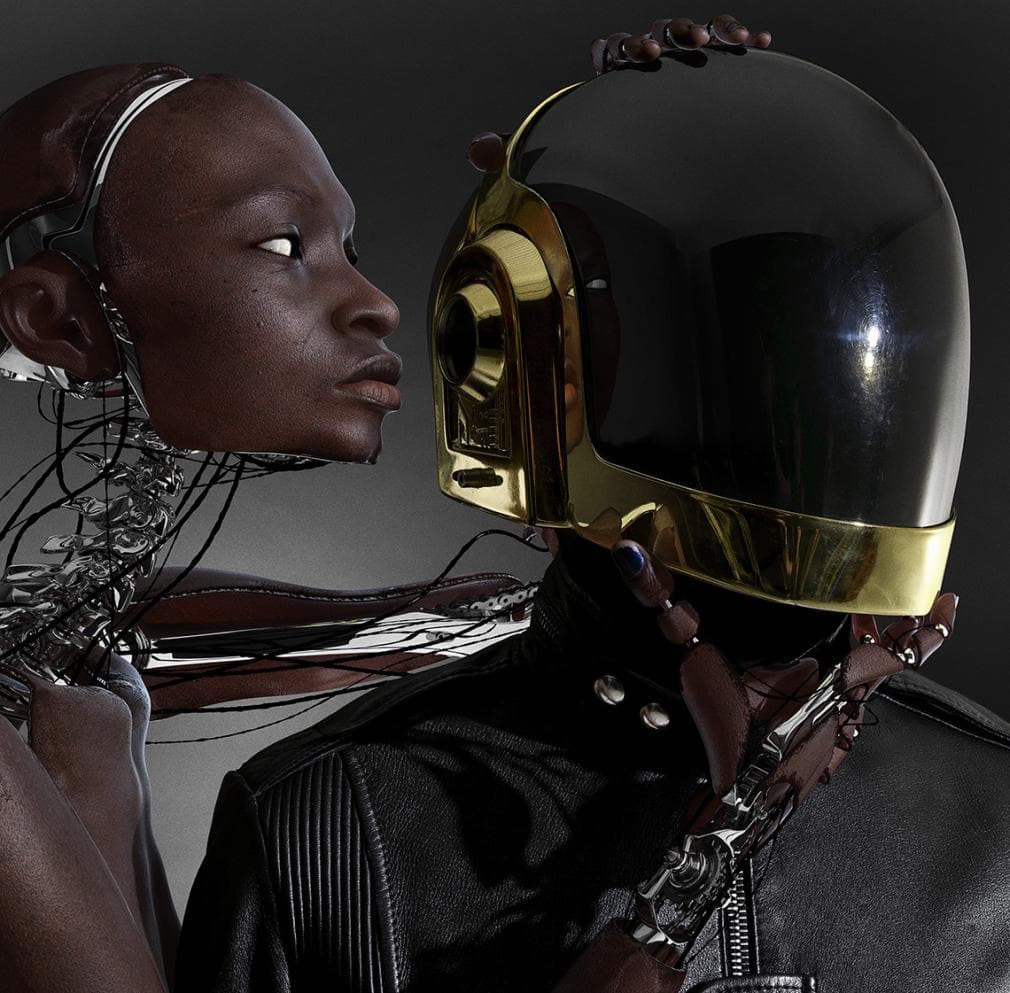 An android face to face with the gold Daft Punk helmet, wiring bared at the neck. Dimitri Daniloff, Daft Punk series