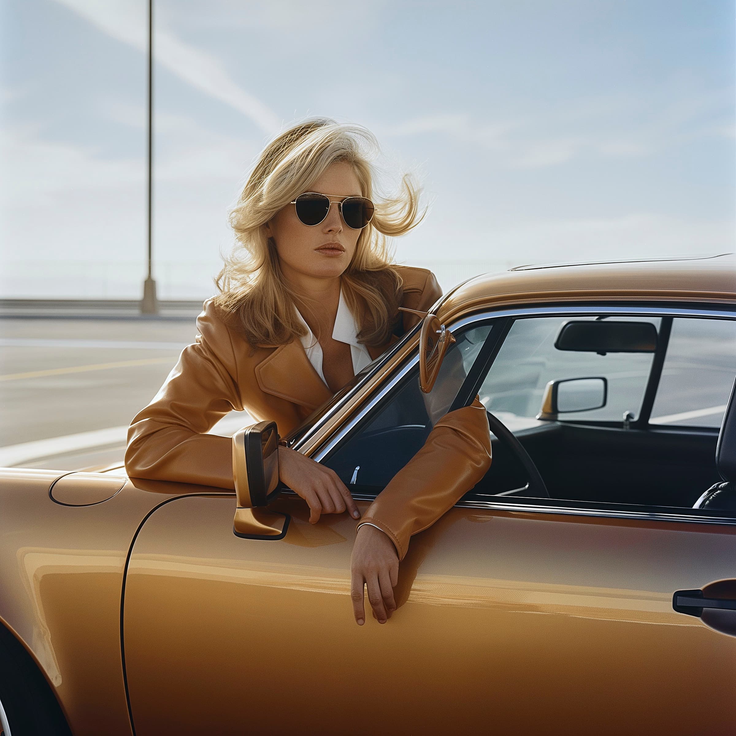 P, a blonde woman in aviator sunglasses leaning out of the window of a gold Porsche, by Eliza