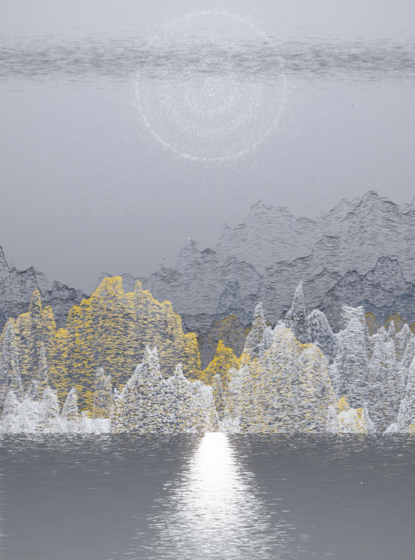 生涯 · Nightfall: fine weathered strata under a ringed moon, glitter path below