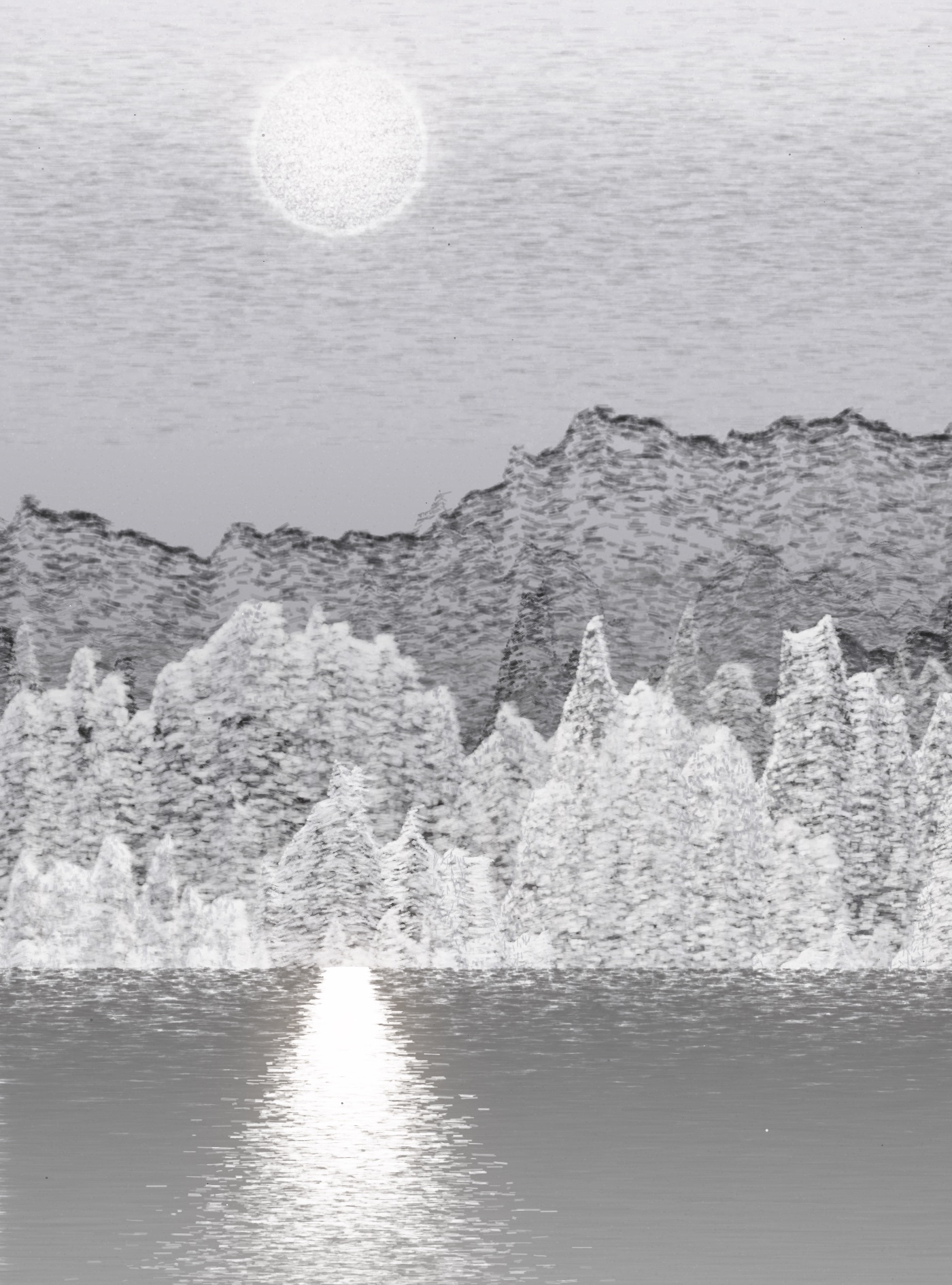 生涯 · Saltflat: a pale, near-empty field with a silver light column on still water