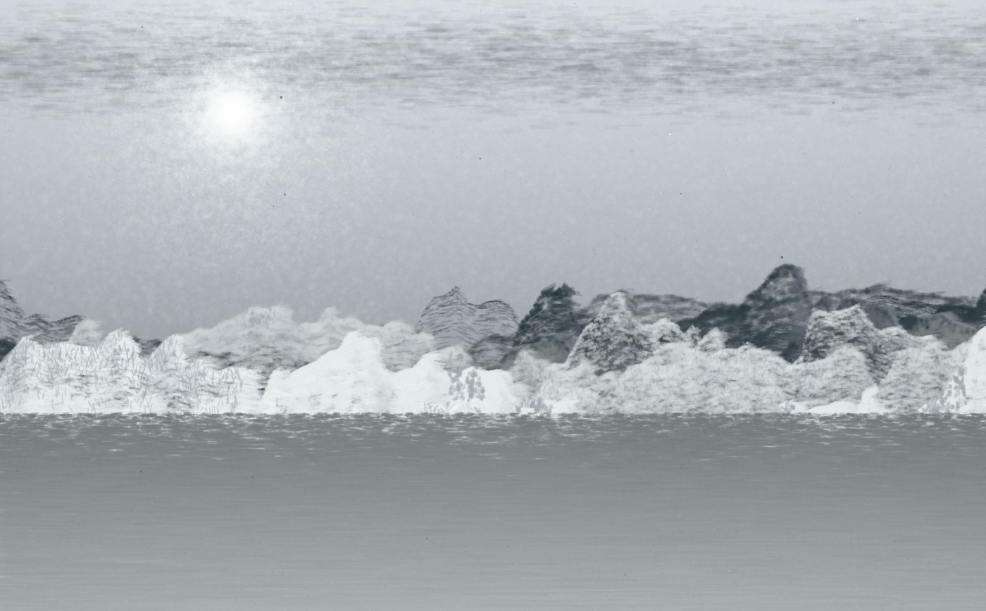 生涯 · Saltflat: a wide teal panorama, small hard sun, long horizontals