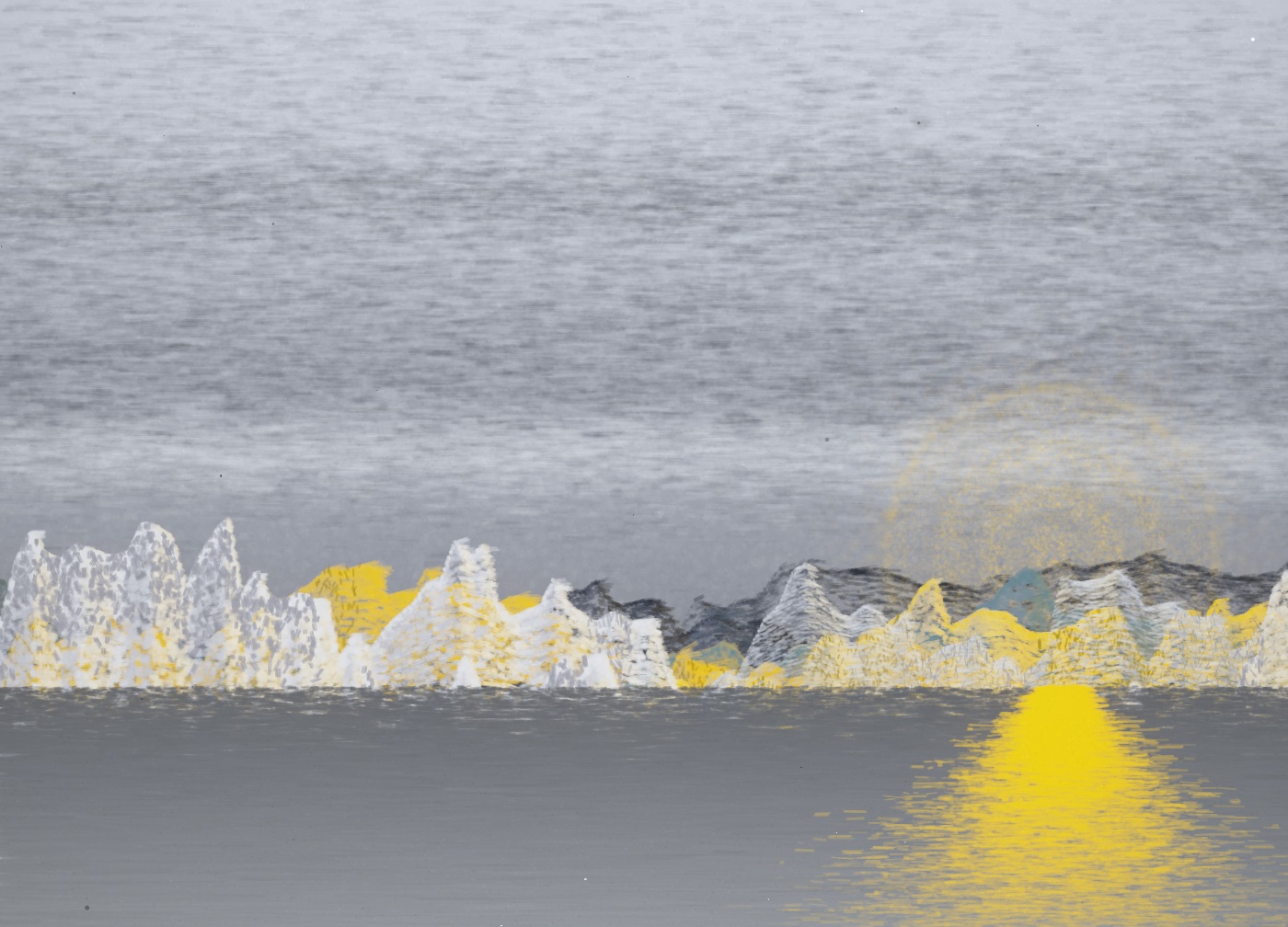 生涯 · First Light: a ringed sun in haze over layered blue ridges