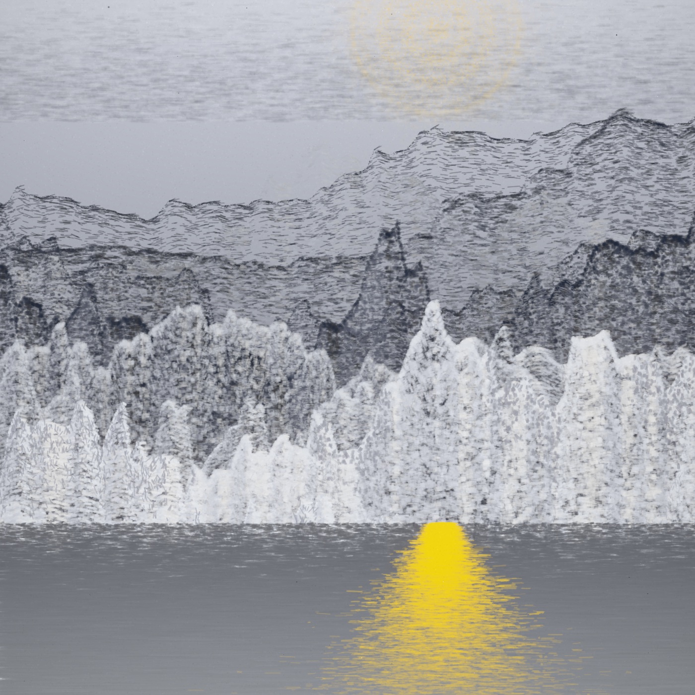 生涯 · Nightfall: a ringed moon over dark ridges, its light broken on the water
