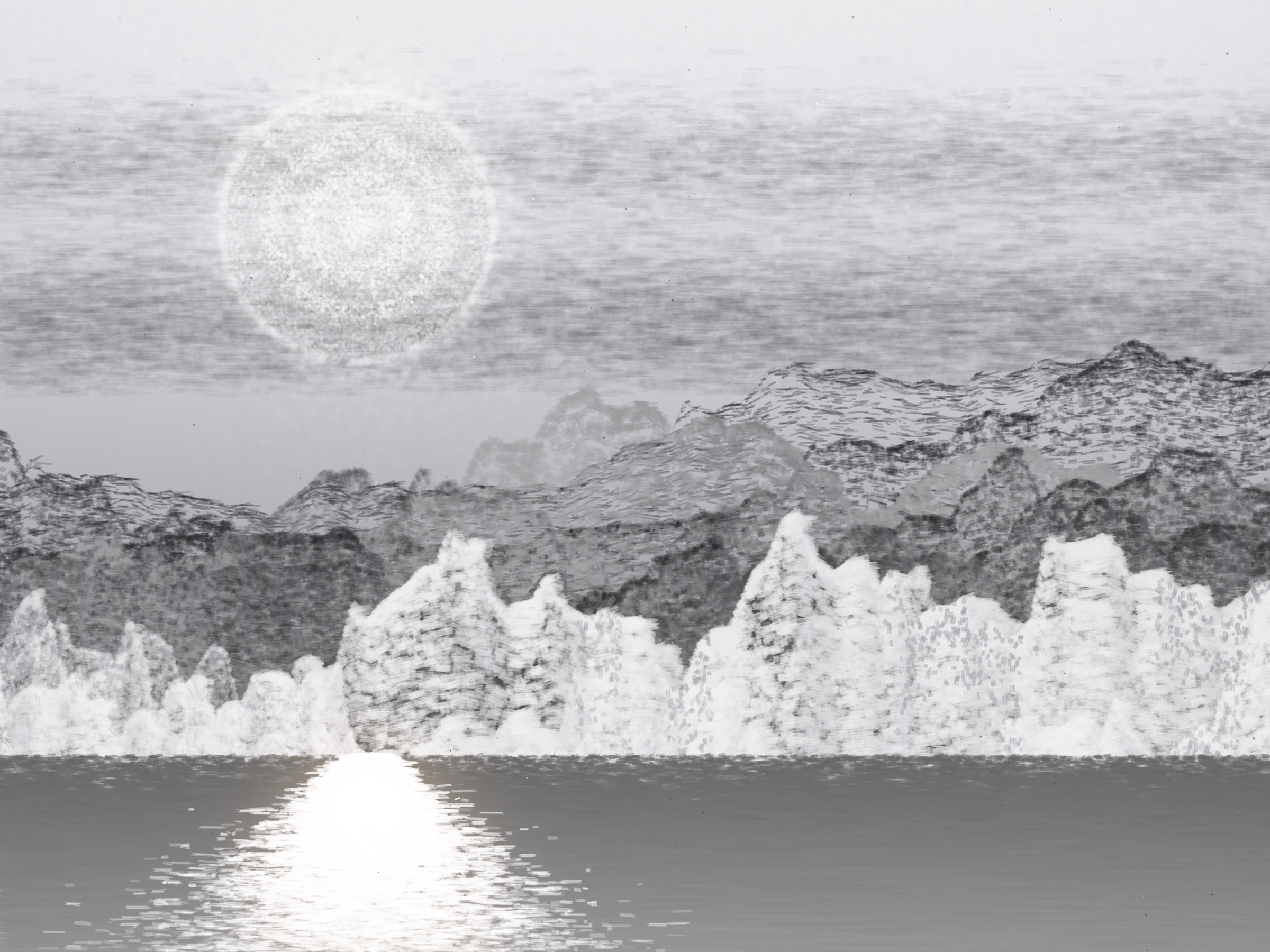 生涯 · Genesis: a ringed sun high in a pale sky over twelve ranges of strata, the near ridges bleached white, a broken column of light down the water