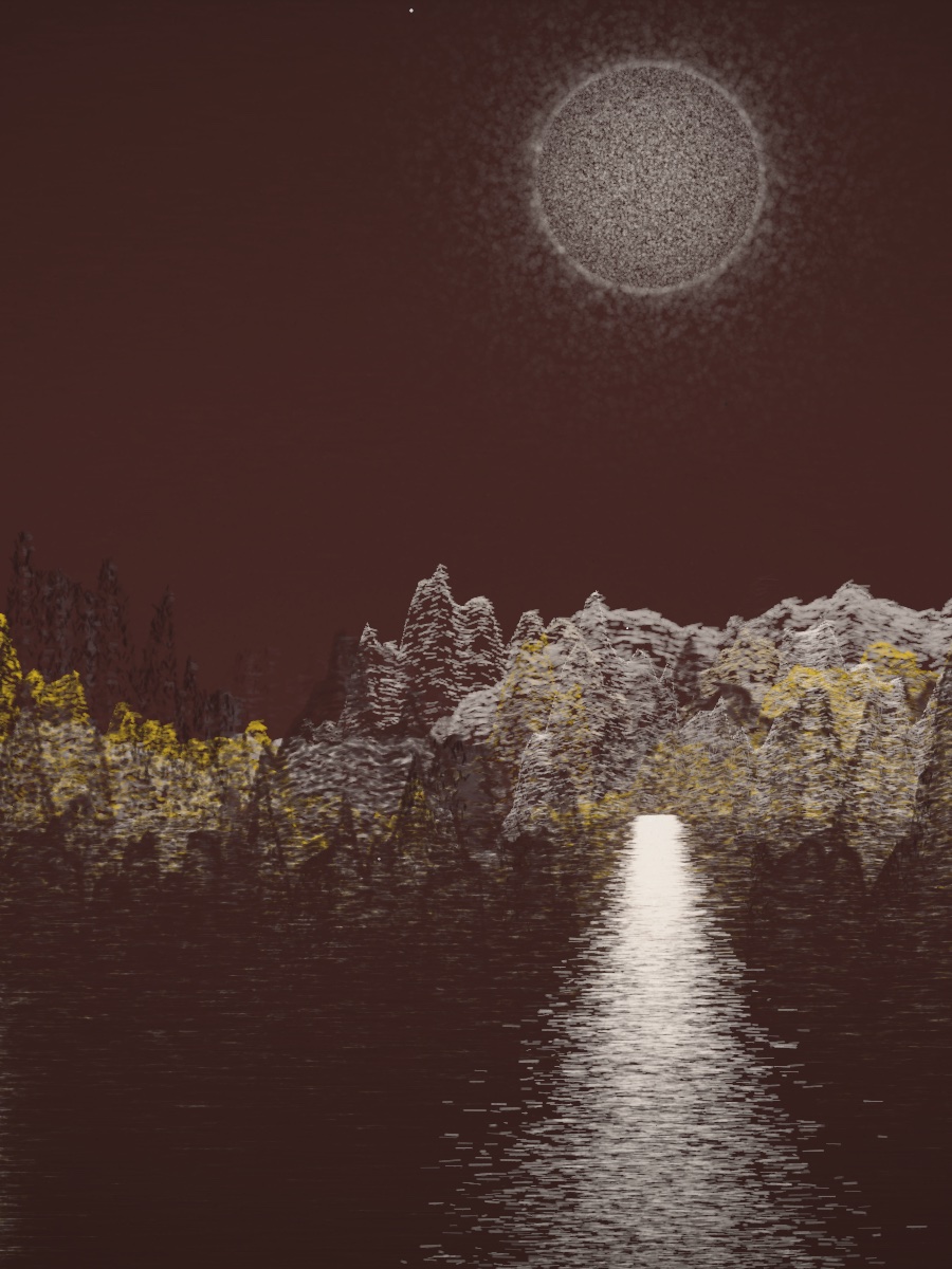 Candidate #1 repainted under the Nightfall register: the same land under a different sky