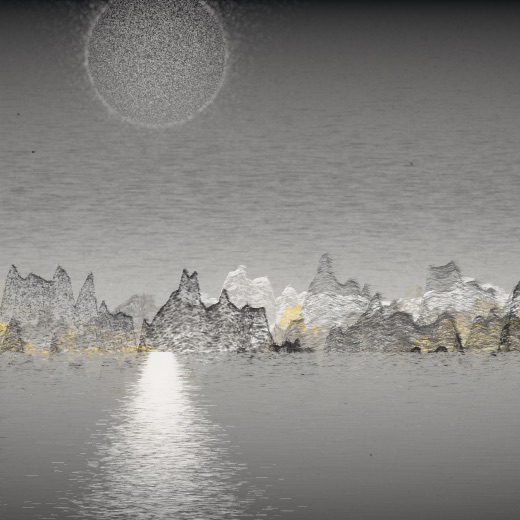 生涯 candidate #100, Nightfall, Nocturne palette, Disc light over glittered water