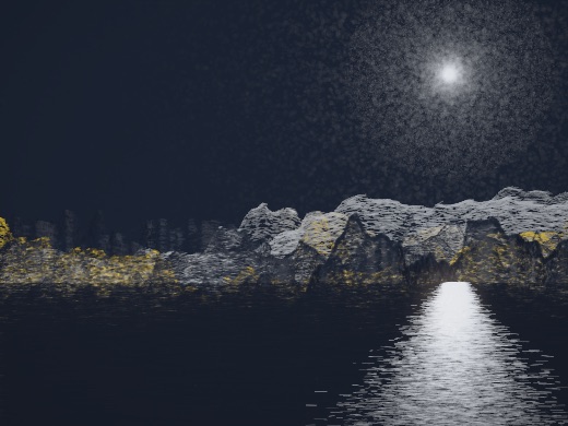 生涯 candidate #103, Nightfall, Esker palette, Veiled light over glittered water