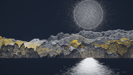 生涯 candidate #104, Nightfall, Esker palette, Disc light over glittered water