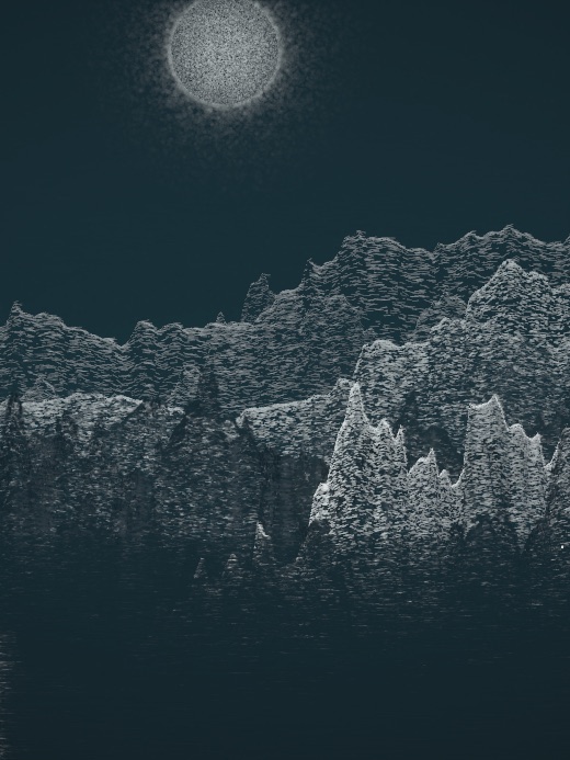 生涯 candidate #111, Nightfall, Tide palette, Disc light over still water