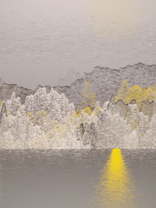 生涯 candidate #112, Nightfall, Terra palette, Disc light over glittered water