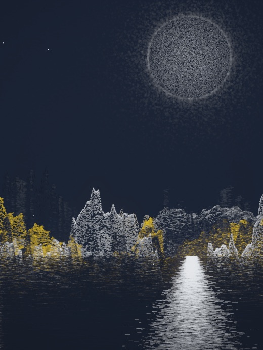 生涯 candidate #116, Nightfall, Esker palette, Disc light over glittered water