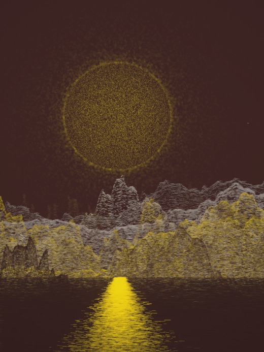 生涯 candidate #118, First Light, Terra palette, Disc light over glittered water