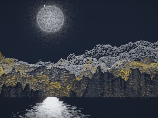 生涯 candidate #119, Nightfall, Esker palette, Disc light over glittered water