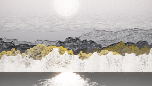 生涯 candidate #121, Nightfall, Sumi palette, Disc light over glittered water
