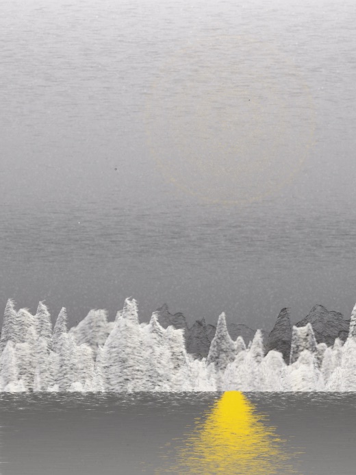 生涯 candidate #123, Saltflat, Sumi palette, Ringed light over glittered water
