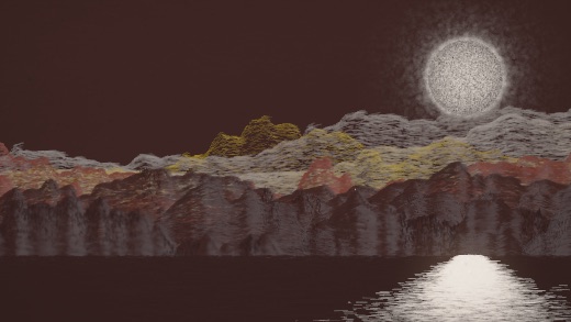 生涯 candidate #128, First Light, Terra palette, Disc light over glittered water
