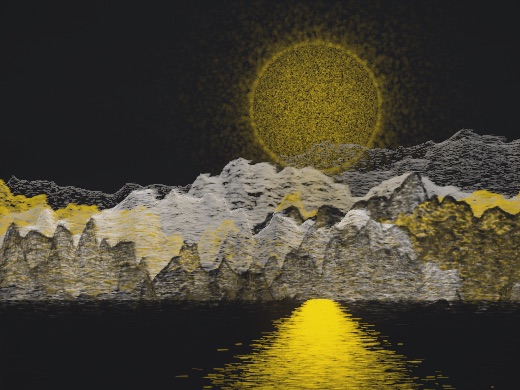 生涯 candidate #138, First Light, Clay palette, Disc light over glittered water