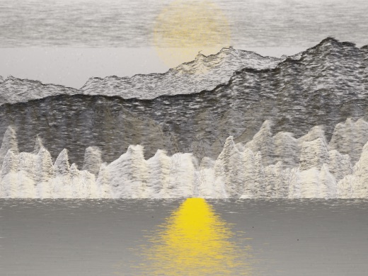 生涯 candidate #140, First Light, Clay palette, Disc light over glittered water