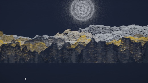 生涯 candidate #147, Nightfall, Esker palette, Ringed light over still water