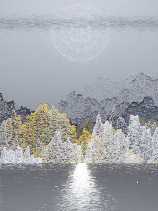 生涯 candidate #15, Nightfall, Esker palette, Ringed light over glittered water