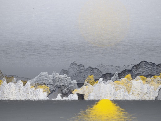 生涯 candidate #153, Nightfall, Esker palette, Disc light over glittered water