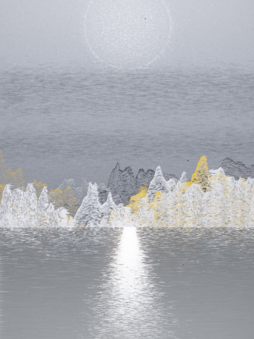 生涯 candidate #154, Nightfall, Esker palette, Disc light over glittered water