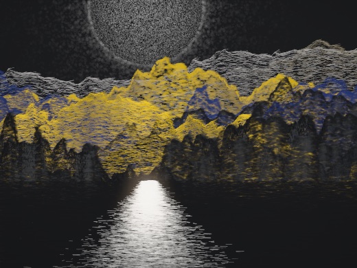 生涯 candidate #155, Nightfall, Indigo palette, Disc light over glittered water