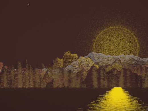 生涯 candidate #173, First Light, Terra palette, Disc light over glittered water