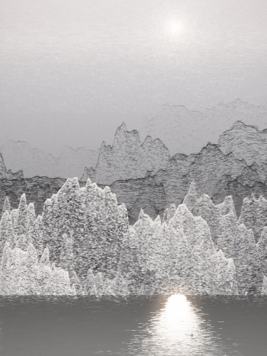 生涯 candidate #184, Nightfall, Indigo palette, Veiled light over glittered water