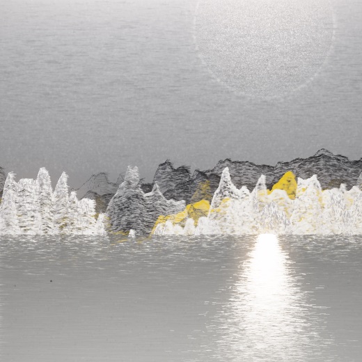 生涯 candidate #202, Nightfall, Sumi palette, Disc light over glittered water